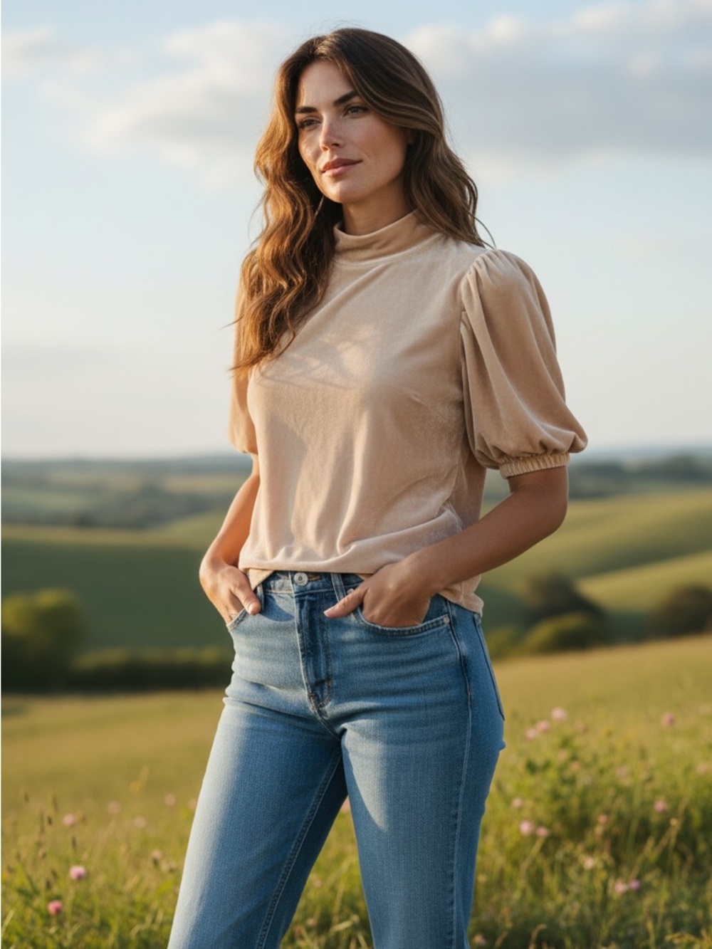 Free People Soft Puff Sleeve Mock Neck Top - Beige Sz Small